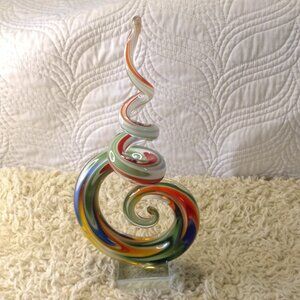 VTG Hand Blown/Hand Worked Art Glass Sculpture. Rainbow colors, on Acrylic Base